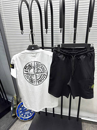 Чоловічий літній костюм футболка і шорти Stone Island White Black Чоловічий комплект біло-чорний Стон Айленд, фото 3