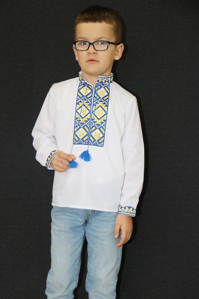 Вишиванка дитяча "Тризуб" для хлопчика, українська сорочка з жовто-блакитним орнаментом, фото 1