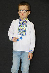 Вишиванка дитяча "Тризуб" для хлопчика, українська сорочка з жовто-блакитним орнаментом