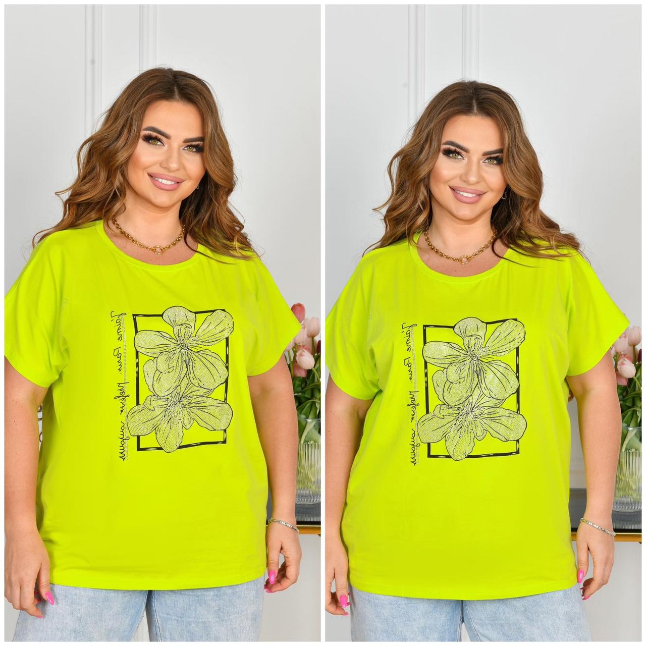 0221 Футболка жіноча з принтом батал мікс кольорів (6 од: 3XL-3 шт, 4XL-3 шт.)