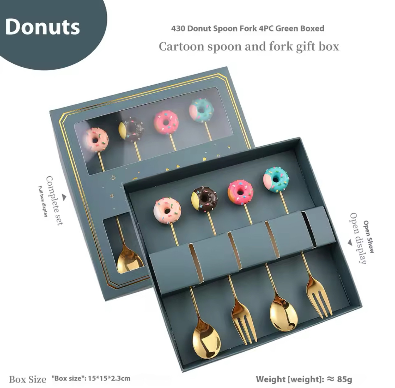 Подарунковий набір столових приладів з декором у вигляді пончиків-бейглів - 2 ложки та 2 виделки золотого кольору., фото 1