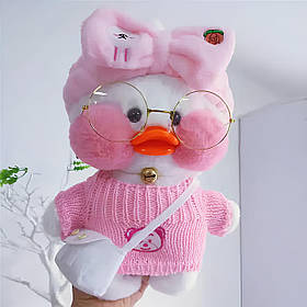 Плюшева качка Лалафанфан RESTEQ у рожевому костюмі з бантиком — м’яка іграшка Lalafanfan 30 см