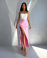 Женская длинная юбка с разрезом сбоку, 42-44,44-46, розовый, черный, молоко.Сатин