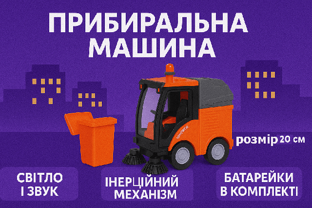 Іграшкова прибиральна машина — інерційна, зі світлом і звуком, помаранчева, 20 см