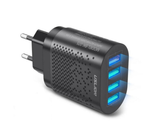 Мережевий зарядний пристрій для телефона 4xUSB 15W заряджання смартфона USLION UC7535 (BK-375B) Black