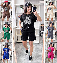 Літній жіночий костюм шорти та футболка легкий модний ведмедик, великих розмірів 48/50, 52/54, 56/60