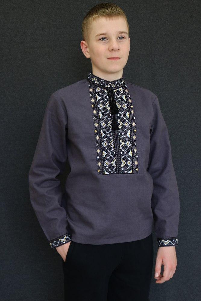 Підліткова вишиванка для хлопчика "Ілля" з орнаментом, сірий льон, фото 1