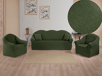 Чохли на диван та два крісла без оборки натяжні накидки стрейч-жаккард універсальні комплект 3 предмети