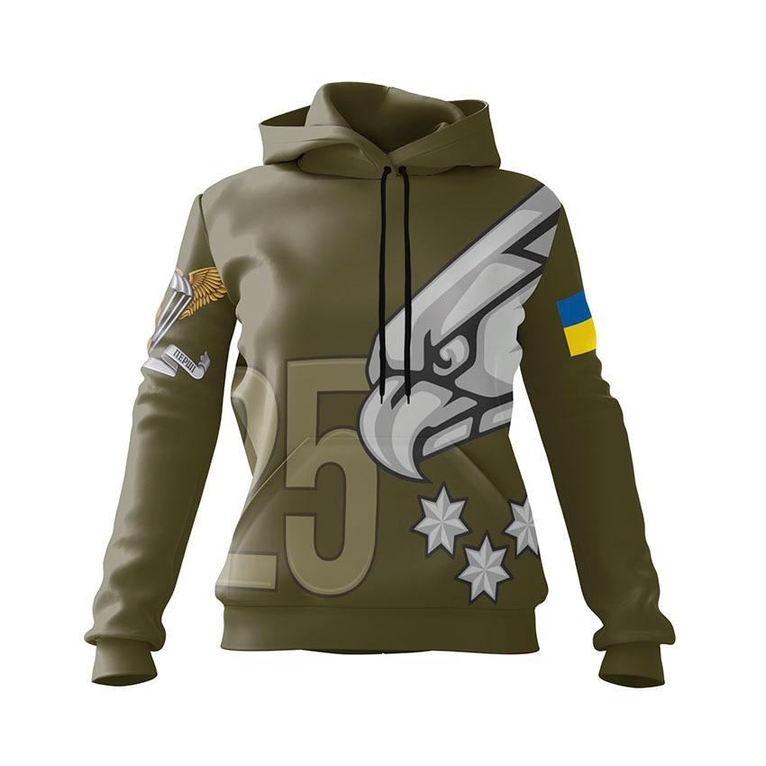 Худі жіноче з принтом «25-та окрема повітрянодесантна бригада. Хижий політ» хакі