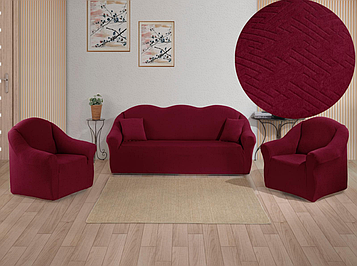 Чохли на диван та два крісла без оборки натяжні накидки стрейч-жаккард універсальні комплект 3 предмети