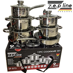 Набір посуду з неіржавкої сталі 12 предметів (каструлі, сковорідка, ковшик) Zepline ZP-075