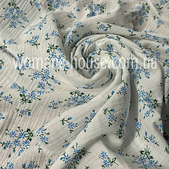 Тканина Муслін жатка двошаровий Квіти блакитні на білому