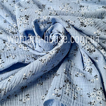 Тканина Муслін жатка двошаровий Квіти білі на блакитному