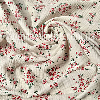 Тканина Муслін жатка двошаровий Квіти червоні на біло-молочному