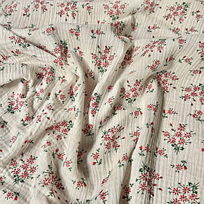 Тканина Муслін жатка принт двосторонній Квіти червоні на біло-молочному