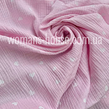 Тканина Муслін жатка двошаровий Серця на рожевому