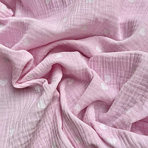 Тканина Муслін жатка принт двосторонній Серця на рожевому