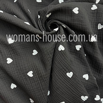 Тканина Муслін жатка двошаровий Серця на чорному