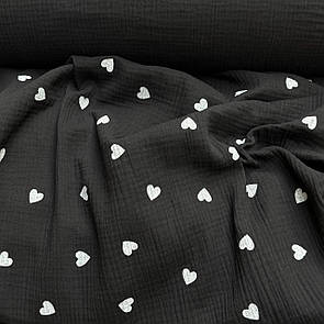 Тканина Муслін жатка принт двосторонній Серця на чорному