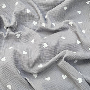 Тканина Муслін жатка принт двосторонній Сердечка на сірому
