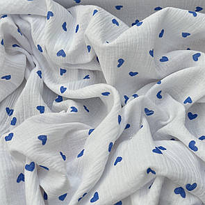 Тканина Муслін жатка принт двосторонній Сердечка на білому