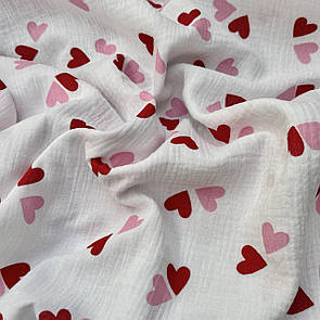 Тканина Муслін жатка принт двосторонній Сердечка рожеві з червоним на білому