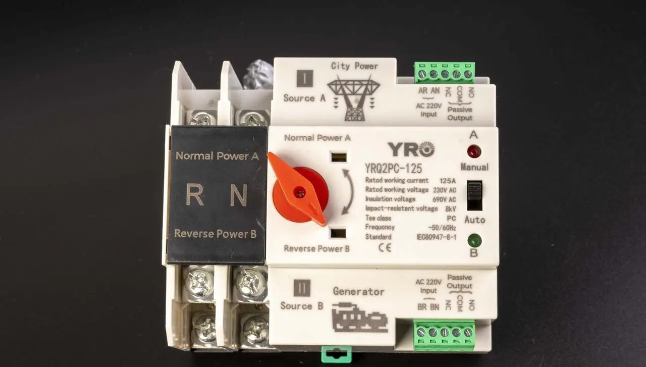 Автомат введення резерву (АВР) двополюсний YRQ2PC-125, 220V/125A на DIN-рейку для генераторів, фото 1