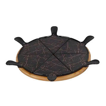 Тарілка для піци 28 см порцелянова з бамбуковою підставкою, що обертається, секційна чорна HP1247