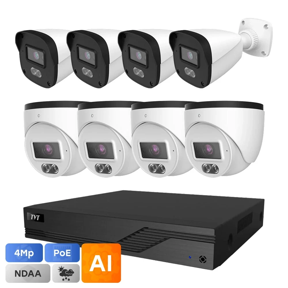 Комплект IP-відеонагляду на 8 камер TVT IP-Video Kit 8x4Mp (T/B) PoE: 4 циліндричні 4Mp відеокамери + 4 купольні 4Mp відеокамери +
