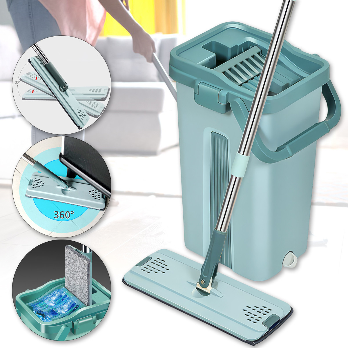 Швабра ледащо з двосекційним відром на 10 л з автоматичним віджимом Scratch Cleaning Mop Бірюзовий, фото 1