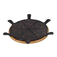 Тарілка для піци 28 см порцелянова з бамбуковою підставкою, що обертається, секційна чорна HP1247