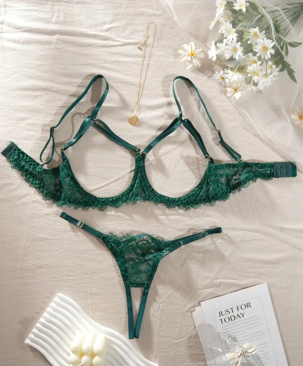 Комплект білизни з відкритим грудьми Спокус (р.L, зелений), фото 1