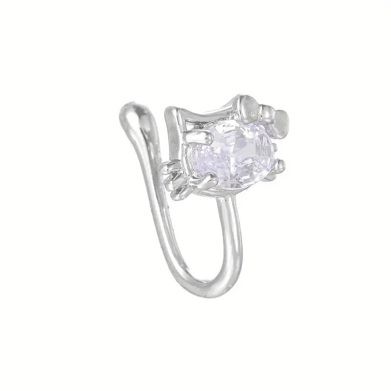 Срібляста сережка-кліпса для носа маленький котик Кітті з білим каменем пірсинг, фото 1