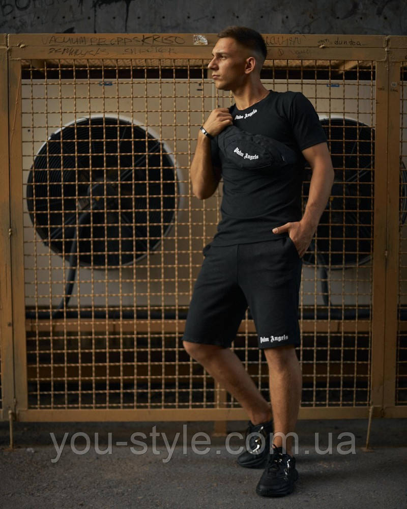 Комплект чоловічий Palm Angels чорний: футболка + шорти + бананка (1983096408)