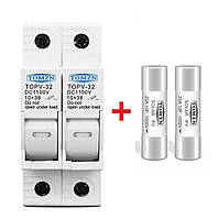 Держатель TOMZN 2Р DC с 2-мя предохранителями на 15A/20A/25А/30А/32А 10х38мм наDIN рейку для солнечных панелей