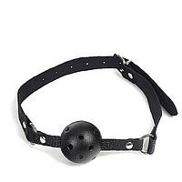 Секс-игрушка для игр в подчинение кожаный кляп БДСМ перфорированный черный шар с ремешком
