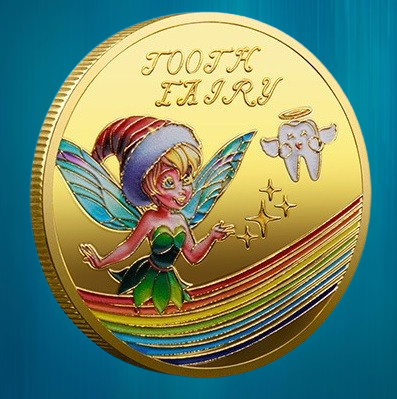 Подарункова кольорова монета «Зубна фея та зуб» голд, найкращі подарунки дитині, фото 1