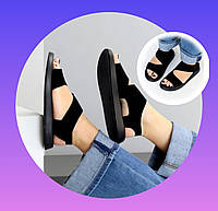 Жіночі босоніжки чорні замшеві на липучці зручні на низькому ходу