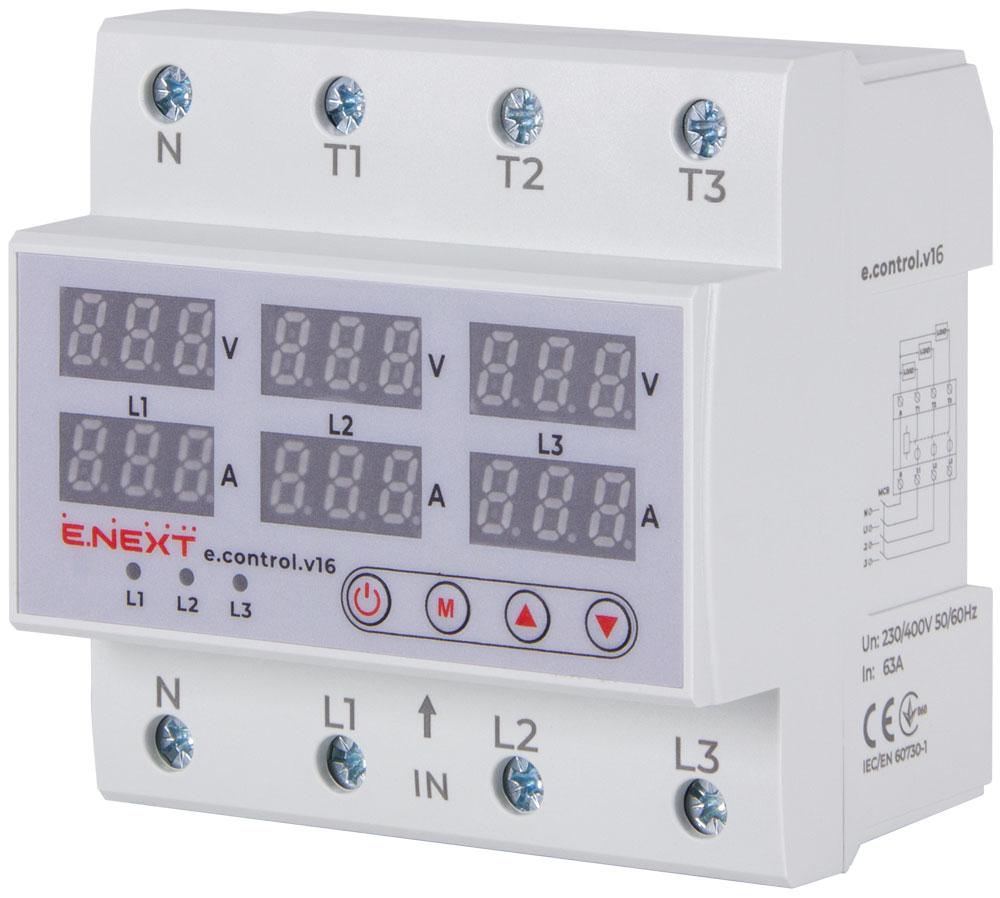 Реле контролю напруги та струму трифазне 63А з індикацією e.control.v16