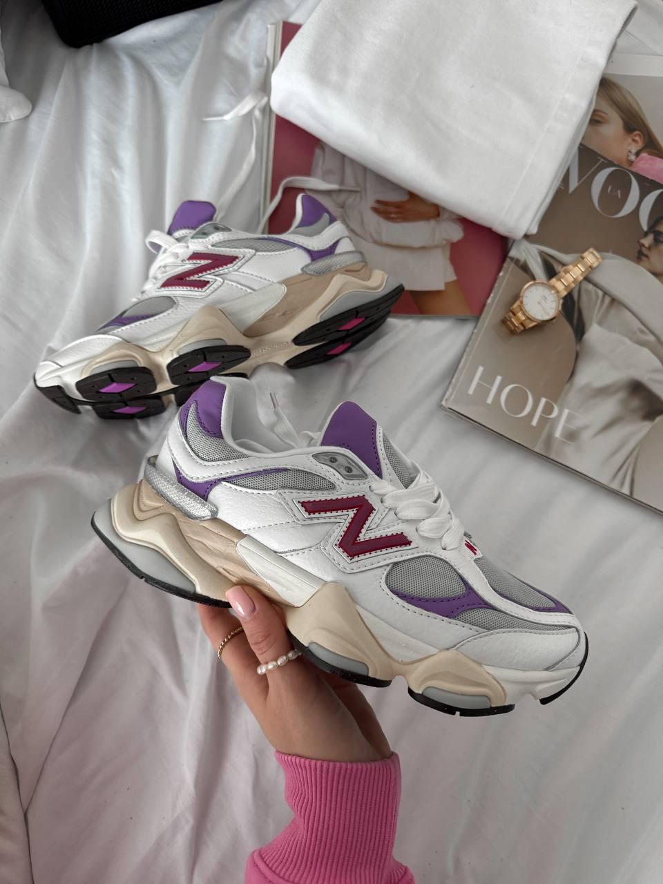 Жіночі спортивні кросівки New Balance 9060 (білі з фіолетовим) демісезонні кроси 467655 Нью Беленс vkross, фото 1