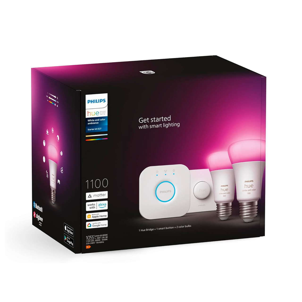 Стартовий комплект Philips Hue E27 White and Color 1100лм 75Вт 2 шт. + Philips Hue Bridge + Smart Button, фото 1