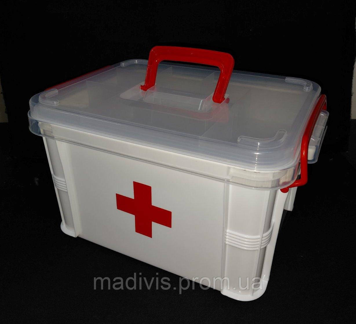 Пластикова аптечка з органайзером і ручкою середня (33×23×19 см) біла з червоним хрестом, фото 1