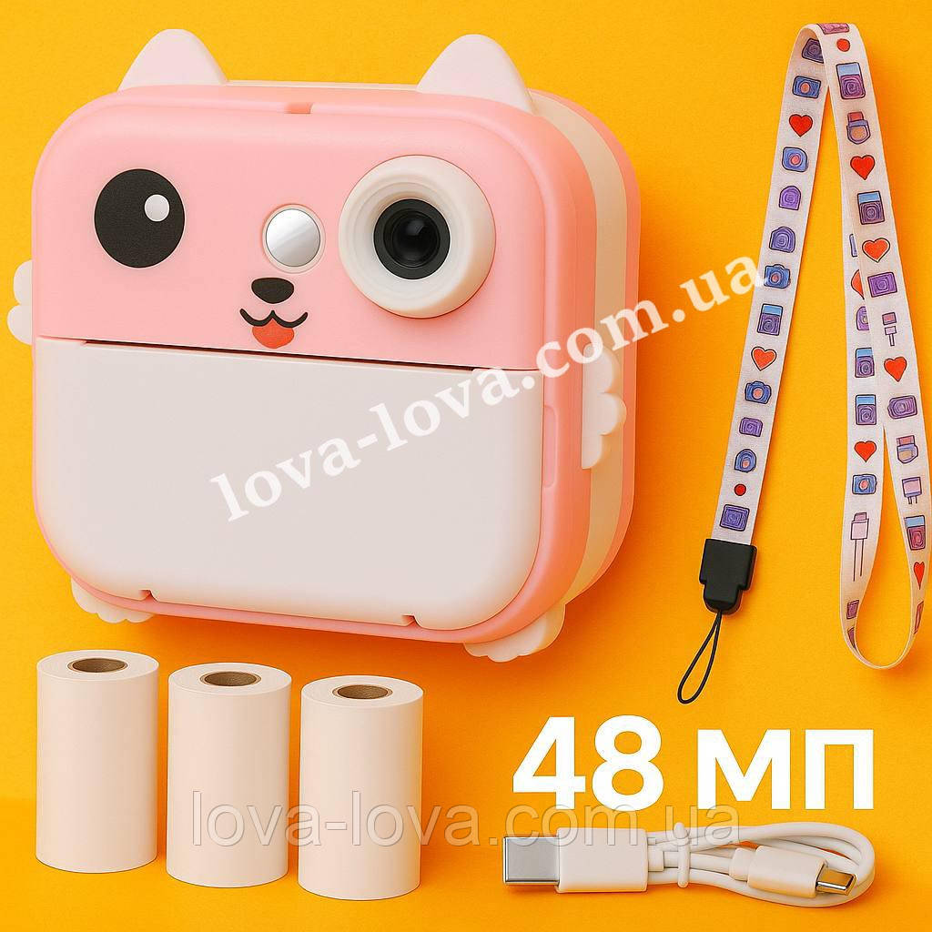 Дитячий цифровий фотоапарат миттєвого друку з вушками Children's Digital Print Camera Q5 48 Мп 64 Гб Pink