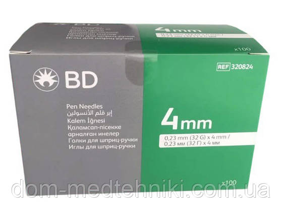 Голки інсулінові для шприц-ручок "BD Microfine Thin Wall" 4 мм (32G x 0,23 мм), 100 шт., фото 1