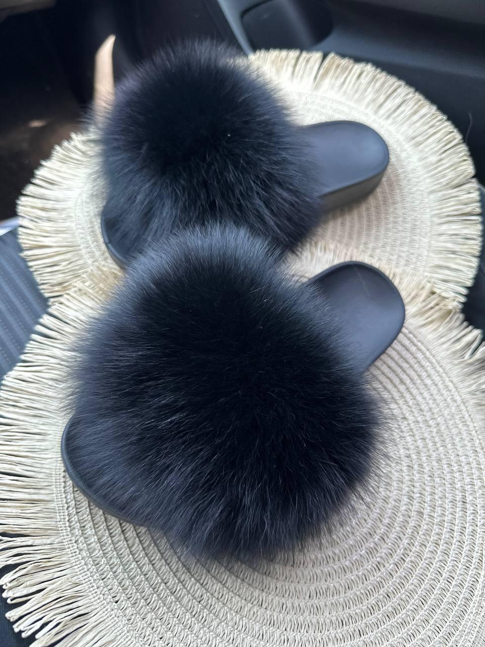 Жіночі шльопанці з натуральним хутром фінського песця, чорний, фото 1