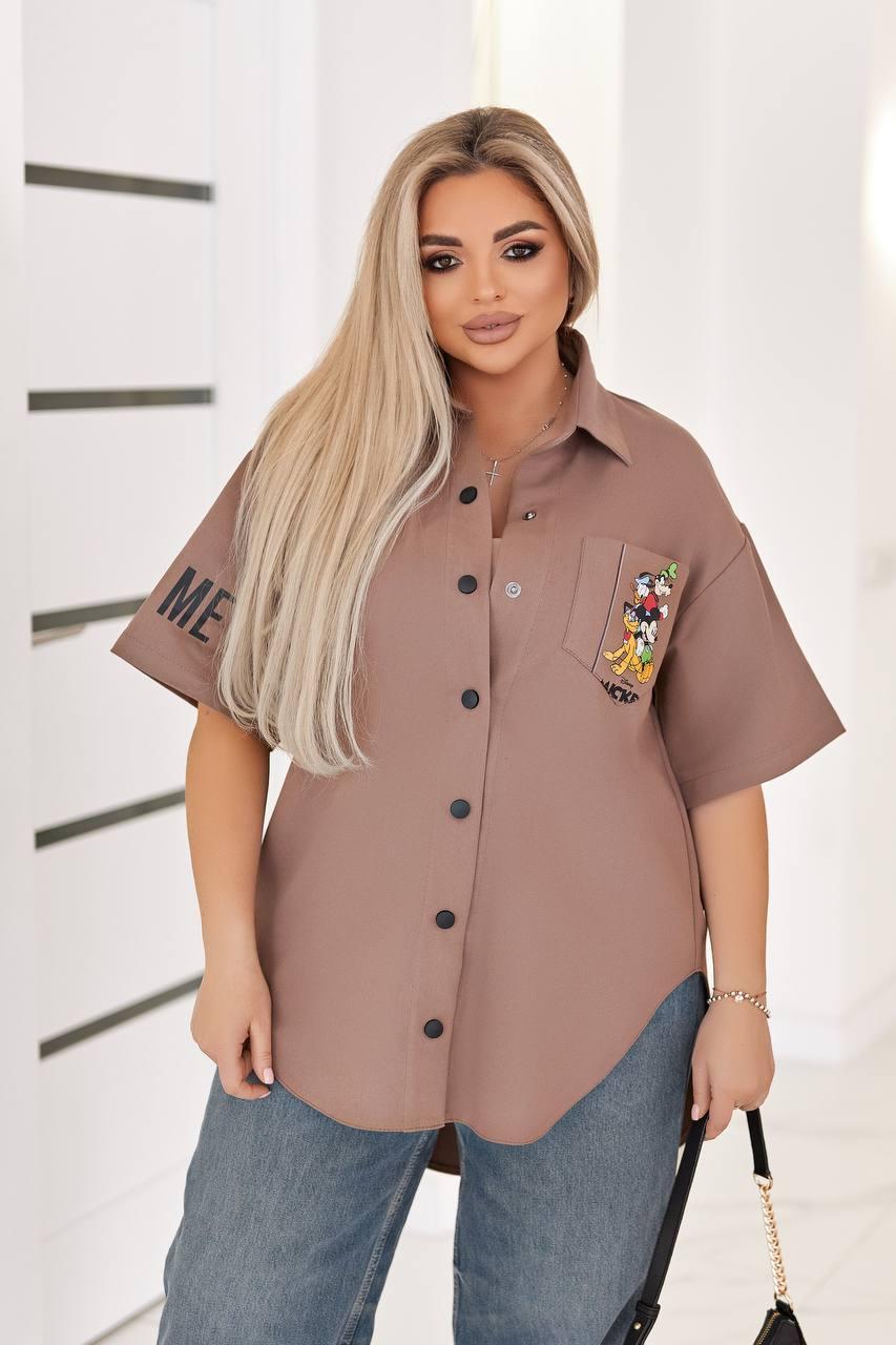 Жіноча лляна сорочка великого розміру plussize 48-64 подовжена з коротким рукавом