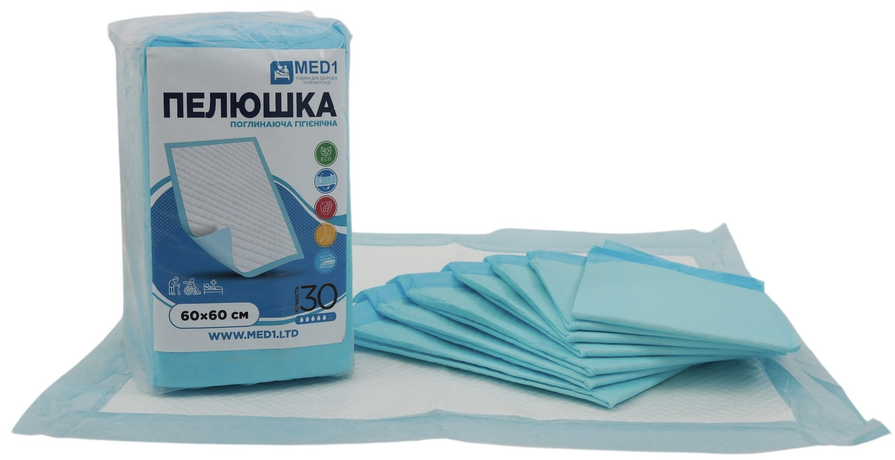 Медична одноразова всмоктувальна пелюшка MED1-WC03, розмір 60×60 см (30 шт. в пакованні)