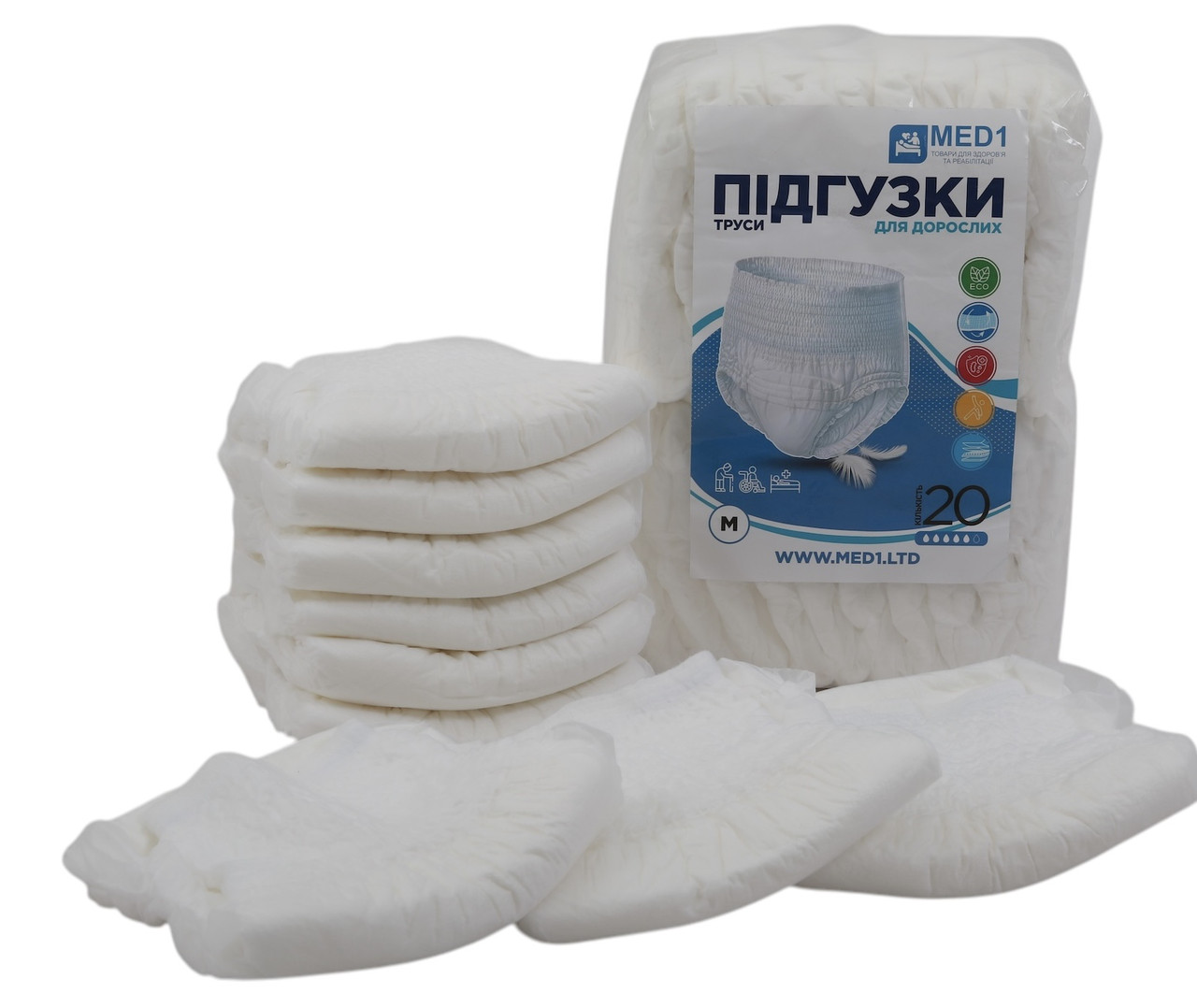 Труси-підгузки для дорослих у разі нетримання одноразових сечі MED1-WC02, розмір M (20 шт. в пакованні)