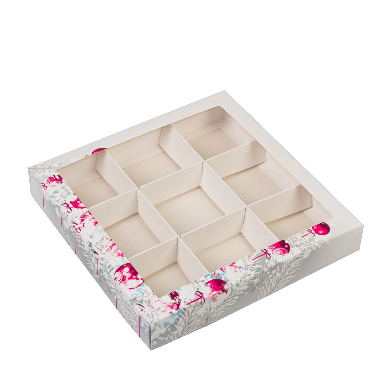 Коробка 200х200х30 для сухофруктів (на 9 шт) з вікном "Новорічні іграшки", фото 1
