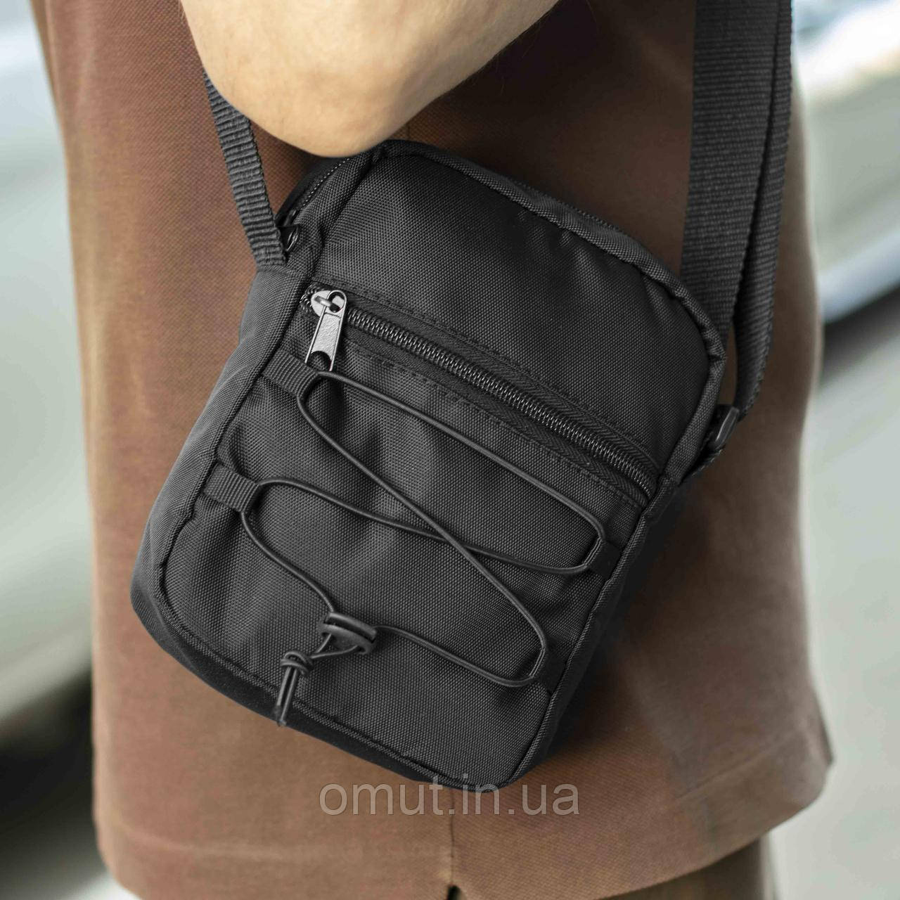 Сумка барсетка месенджер через плече чоловіча чорна з тканини KOMPAKT Black молодіжна, фото 1